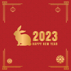 Fototapeta na wymiar Happy Chinese New Year 2023, Rabbit zodiac sign on red color background. Asian elements with craft rabbit paper cut style.