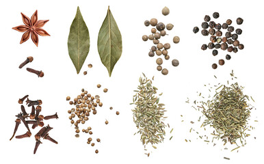 bay leaf ,spices, cilantro, coriander, fennel, basil, carnation, star anise isolated on a white background. The view from top. allspice on white background - obrazy, fototapety, plakaty