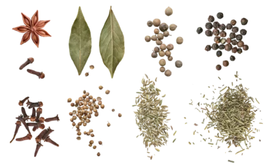 Fotobehang bay leaf ,spices, cilantro, coriander, fennel, basil, carnation, star anise isolated on a white background. The view from top. allspice on white background © Vlada