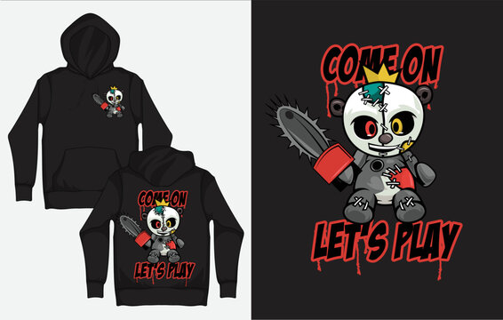 Hoodies with Character Streetwear Design, Zombie Panda with Chainsaw