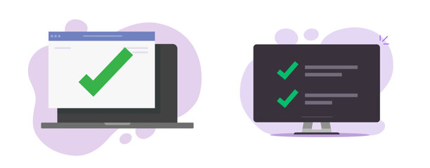 Checklist list online task finished completed icon vector illustrated on laptop computer, answer questionnaire and vote web application check mark form, survey website graphic idea image