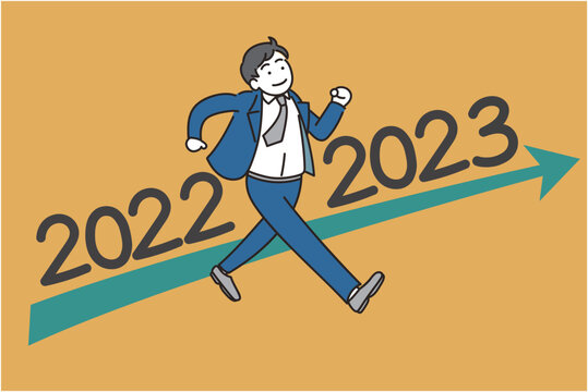 2022年から2023年に向けて年をまたいで元気に歩いて向かうビジネスマンのイラスト