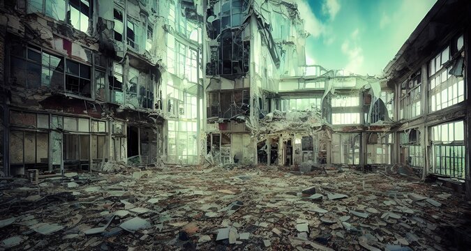 A collective image of a ruined city. Matte paint. Illustration.