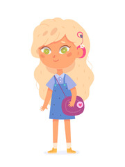 Girl with hearing aid, cute disabled child standing, deaf kid with medical device on ear