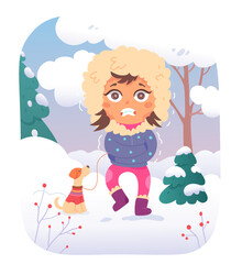 Kid shivering cold winter weather, chills, tremble and shivers of girl while walking dog