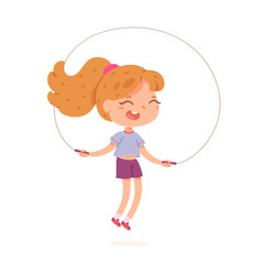 Child jumping rope, active girl skipping in gym and playing, little kid training body