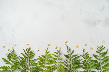 Christmas creative background with green leaves and stars. Top view, flat lay