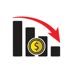 Obraz na płótnie Canvas cost reduction graph financial crisis symbol design concept coin and arrows declining