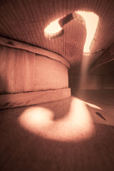 Vintage violin view from inside. Interior of old cello.