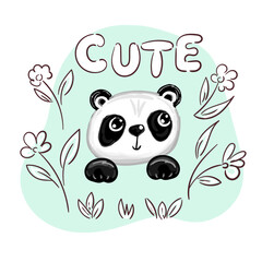 Cute Panda Bear with flowers and text, vector cartoon for kids or babies t shirt design. Fashion print graphic