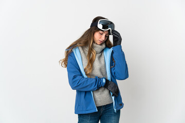 Skier girl with snowboarding glasses isolated on white background with headache