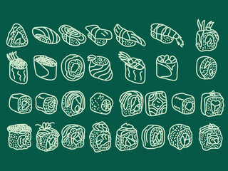 sushi food outline icon set .japanese food doodle vector illustration 