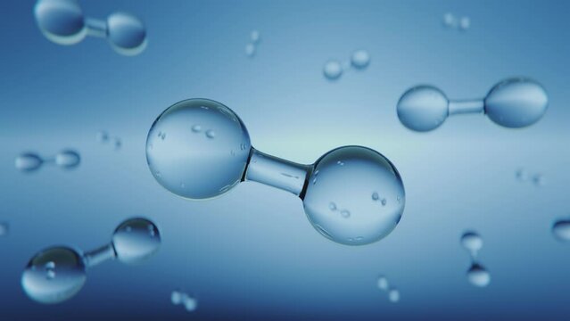 Multiple shiny hydrogen or oxygen gas particles floating slowly in the air. Photorealistic science, medical background 3D animation.