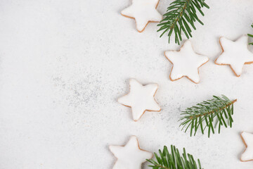 Cinnamon stars, traditional german christmas sweets, gingerbread coated with white sugar, winter season
