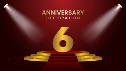 6th Anniversary Celebration With golden stage. Modern and luxurious design template for celebration event, wedding, greeting card, and invitation. Vector illustration