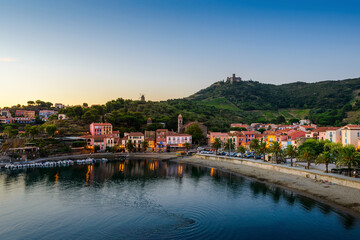Collioure city and beach at sunrise in France