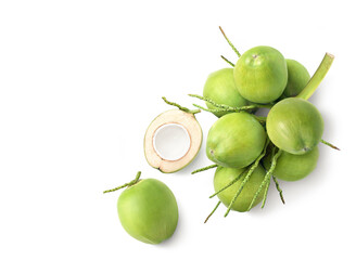 Top view of Young green coconut isolated on white background.