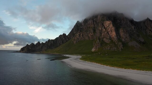 Aerial view of the magnificent mountain lofoten, Bleik, sunset Norway.
