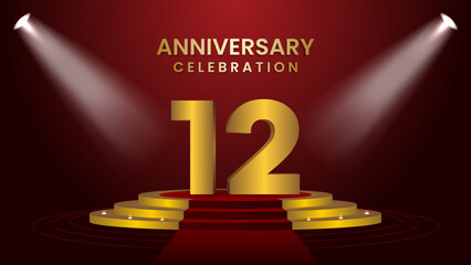 12th Anniversary Celebration With golden stage. Modern and luxurious design template for celebration event, wedding, greeting card, and invitation. Vector illustration