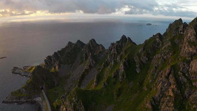 Aerial view of the magnificent mountain lofoten, Bleik, sunset Norway.