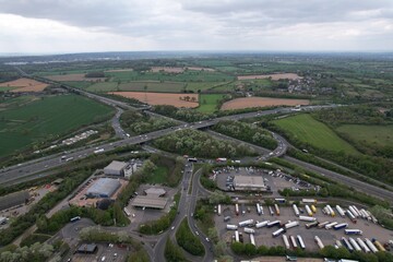junction of the M25 motorway with the A1 motorway UK drone aerial view .
