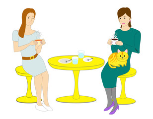 An elegant woman at Cat cafe with white background: tabby cat,