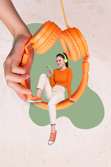 Vertical collage picture of hand hold headphones mini girl listen music use telephone isolated on creative background