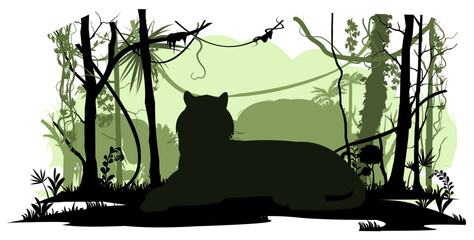 Lion lies on grass. Predator Wild animals. Silhouette figures. Jungle rainforest. Overgrown with trees and grass. Isolated on white background. Vector.
