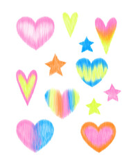Heart, star colorful clip art set. Valentine's day, romantic love illustrations isolated on transparent background. Hand drawn with color pencil rainbow shapes print poster.