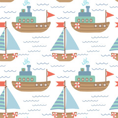 Seamless vector pattern with hand-drawn sailing yachts, ships and the sea wave. Summer bright background for fabric design. Vector illustration.