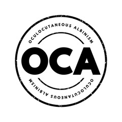 OCA Oculocutaneous Albinism - genetic disorder characterized by skin, hair, and eye hypopigmentation due to a reduction or absence of melanin, acronym text stamp concept background