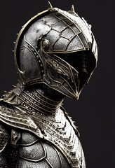 photorealistic 3d illustration of a complete set of metal armor with gold-plated details