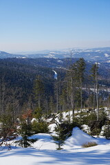 Snowy scenery at Silesian Beskid on european Bialy Krzyz in Poland