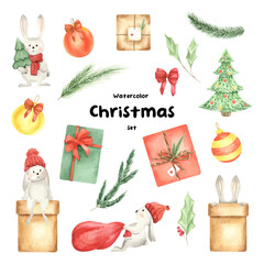 Watercolor Christmas set. Gift boxes, rabbit characters, fir branches, Christmas balls, Christmas tree. Hand-drawn illustrations isolated on white