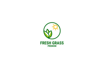 Creative fresh grass with sunrise logo design vector illustration