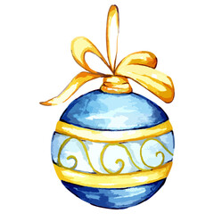Watercolor hand drawn Christmas tree toy ball. Vector illustration glass Christmas toy. Watercolor and paper texture holiday ornament and decoration for 2023 new year
