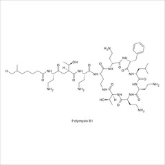 Polymyxin B1 flat skeletal molecular structure Nonribosomal peptide antibiotic drug used in  treatment. Vector illustration.
