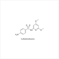 Sulfadimethoxine  flat skeletal molecular structure Sulfonamide antibiotic drug used in dihydrofolate, folic acid, dhfr, methotrexate, leprosy treatment. Vector illustration.