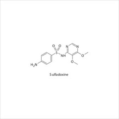 Sulfadoxine  flat skeletal molecular structure Sulfonamide antibiotic drug used in dihydrofolate, folic acid, dhfr, methotrexate, leprosy treatment. Vector illustration.