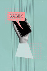 Vertical creative photo illustration collage of hand hold smartphone dialogue cloud sales isolated...