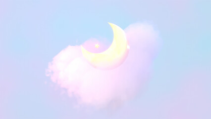 3d rendered pastel moon and fluffy clouds.