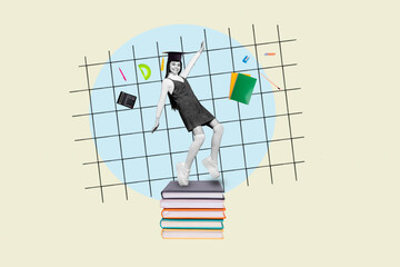 Creative photo illustration collage of cute positive smart schoolgirl stand balance on book falling...