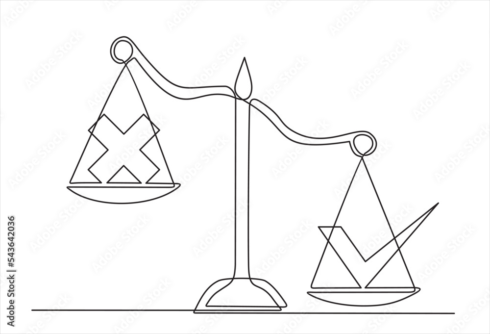 Poster continuous line drawing of badges yes and no on scales. check marks list icons yes or no.