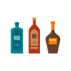 Set bottles of shnapps balsam brandy. Icon bottle with cap and label. Great design for any purposes. Flat style. Color form. Party drink concept. Simple image shape
