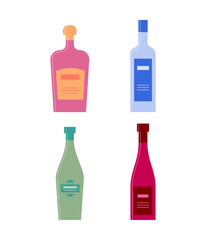 Bottle of cream, vodka, vermouth, red wine in row. Icon bottle with cap and label. Great design for any purposes. Flat style. Color form. Party drink concept. Simple image shape