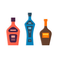 Set bottles of cream vodka brandy. Icon bottle with cap and label. Great design for any purposes. Flat style. Color form. Party drink concept. Simple image shape