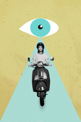 Vertical creative photo illustration collage of gorgeous adorable woman driver ride motorcycle...