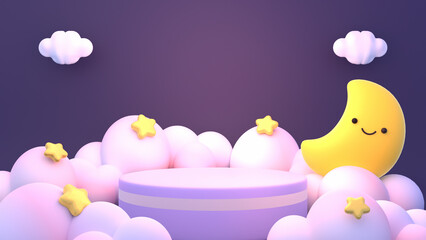 3d rendered product display podium surrounded by clouds, stars, and a cute smiling moon.