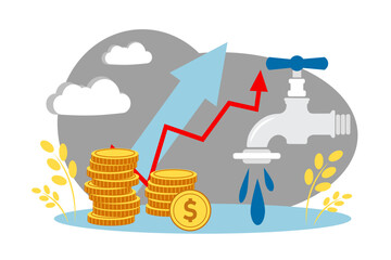 The rise in price of water. Rise in prices for utilities. Inflation. Coins. Money