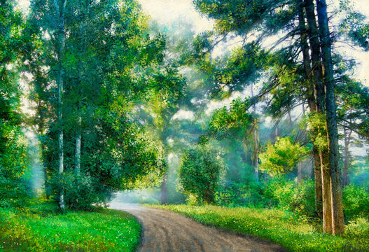 Oil paintings summer landscape, digital art, road in the woods, road in the forest. Fine art, artwork